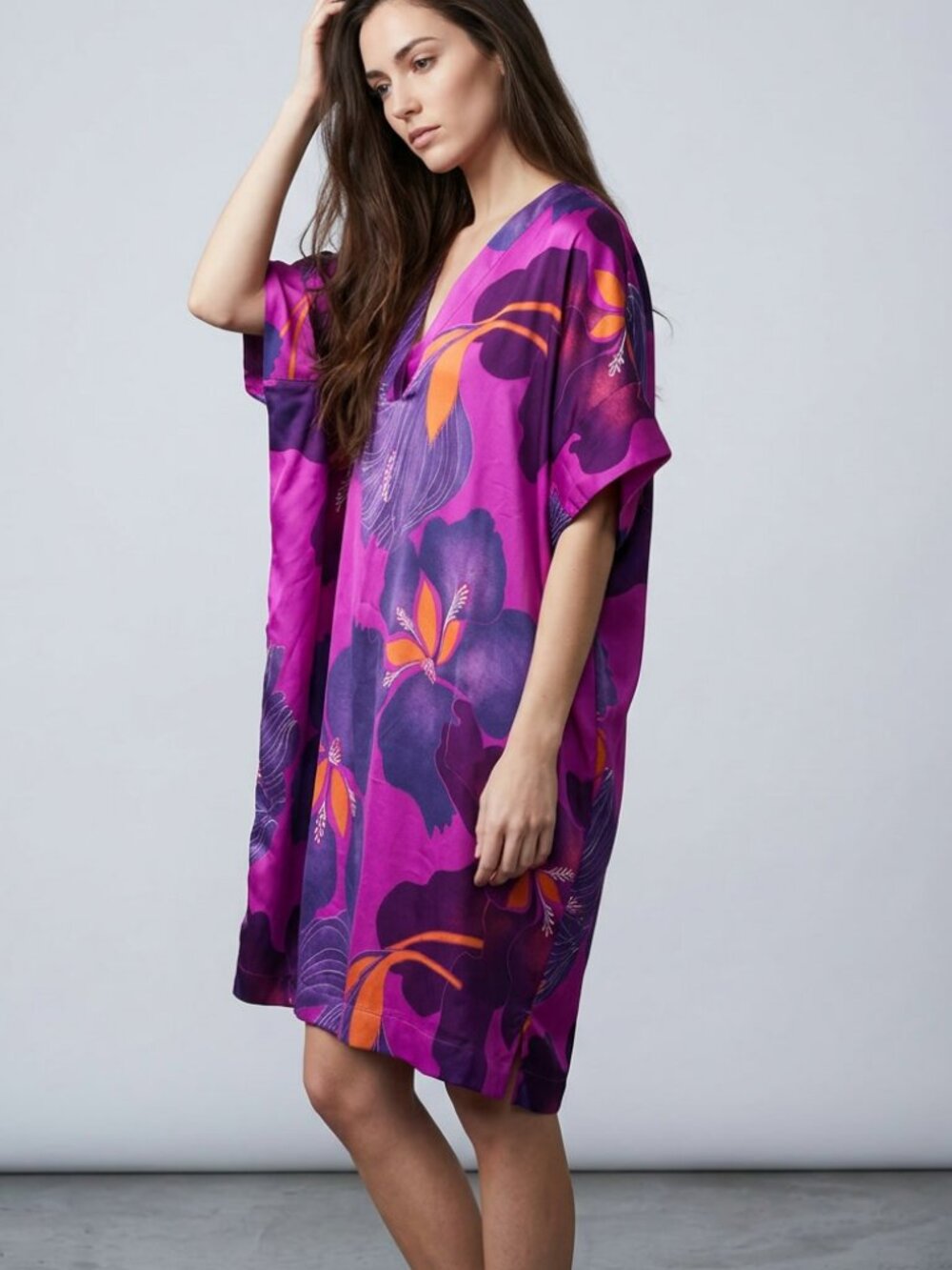 Natori Fuchsia Tropical Print Resort Caftan Size S